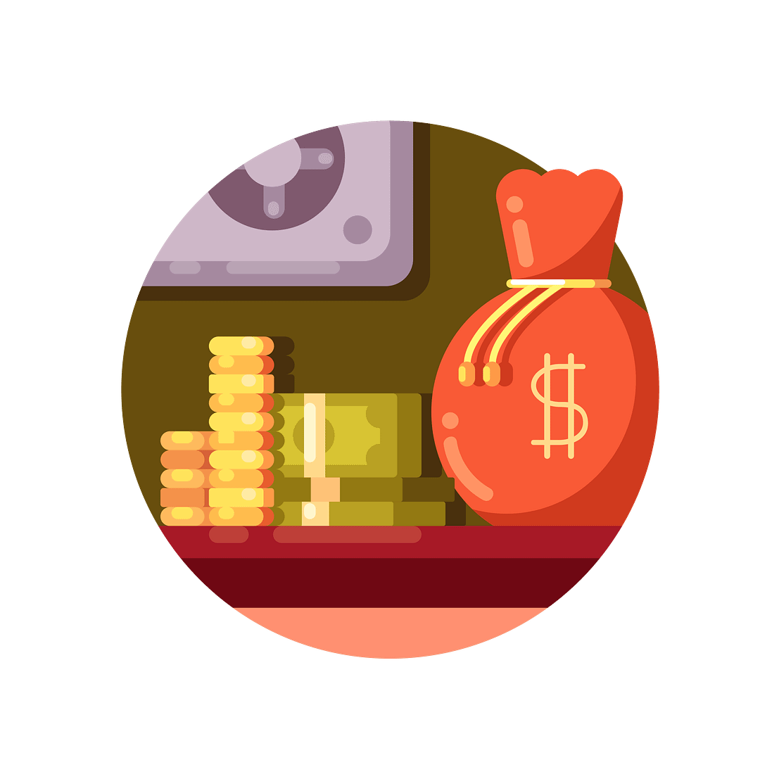 Die Grafik zeigt einen stilisierten Geldsack mit einem Dollarzeichen, neben einer Ansammlung von Münzen und gestapelten Banknoten, die vor einem dunkelbraunen Tresor angeordnet sind. Diese Elemente vermitteln das Thema finanzieller Sicherheit und Investition.