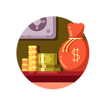 Die Grafik zeigt einen stilisierten Geldsack mit einem Dollarzeichen, neben einer Ansammlung von Münzen und gestapelten Banknoten, die vor einem dunkelbraunen Tresor angeordnet sind. Diese Elemente vermitteln das Thema finanzieller Sicherheit und Investition.